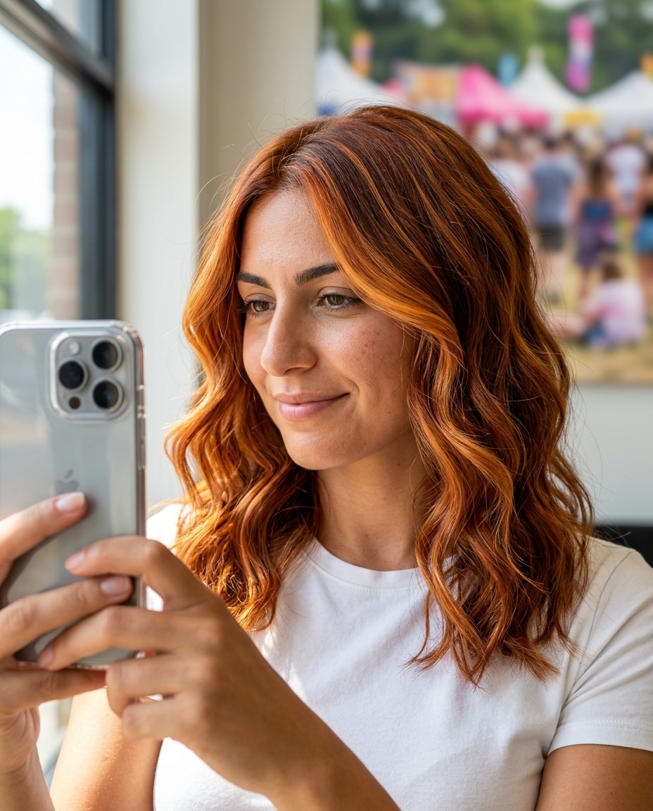 Fiery Copper Balayage 2026 long fiery copper balayage with golden amber, face-framing highlights and soft shag — bold playful