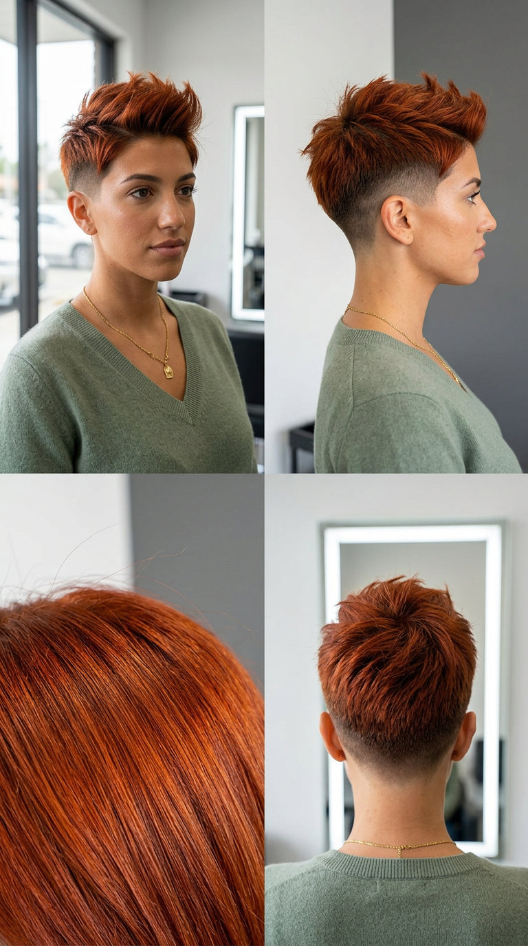Bold Vivid Auburn Undercut 2026 very short auburn undercut haircut with fiery red-orange color, spiky textured layers and clipper fade for summer