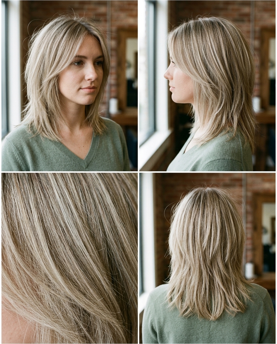 long frosted chai blonde shag with face-framing layers, wispy bangs — bohemian casual look
