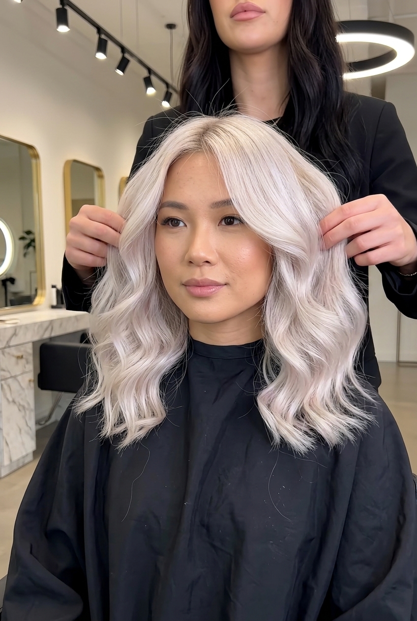 long frosted platinum blonde haircut with cool beige root, U-cut back, voluminous waves — glamorous romantic