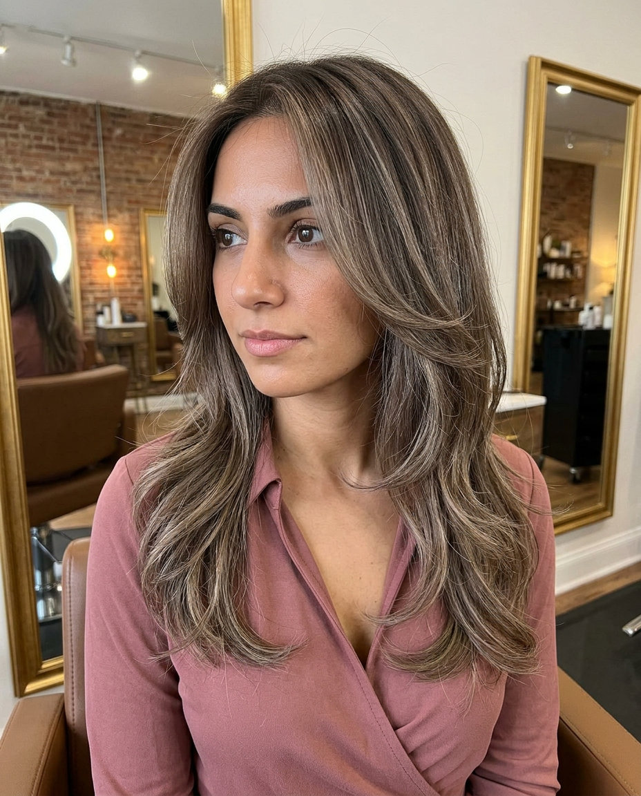 long U-shaped haircut with Frosted Walnut ash brown, cool ash-blonde teasylights, no bangs — romantic summer wedding guest