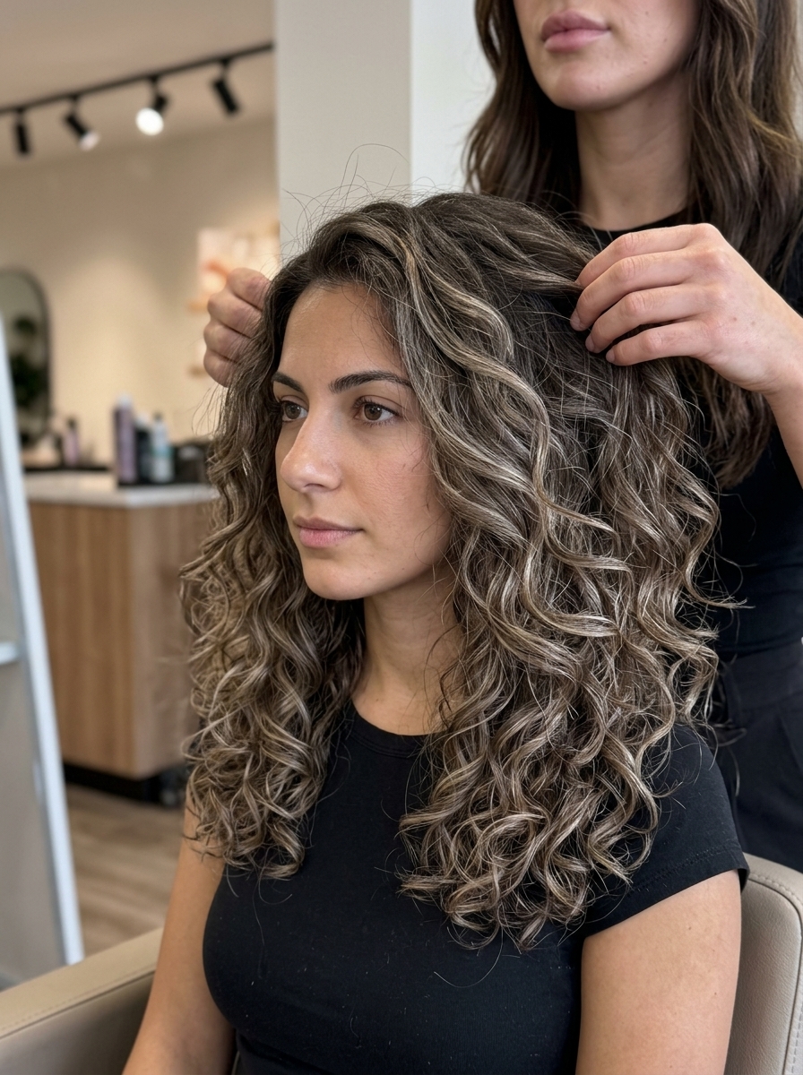 shoulder-length curly ash brown lob with frosted ash-blonde teasylights and face-framing layers for festival style