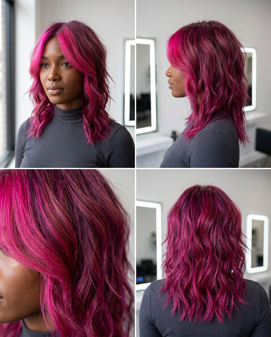 collarbone-length choppy layers with electric fuchsia and magenta root for summer
