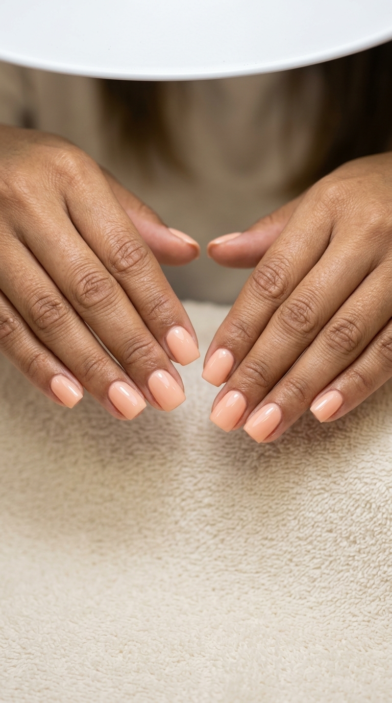 Fun summer nails 2026: Glossy peach nude for clean-girl aesthetic daily wear and office.