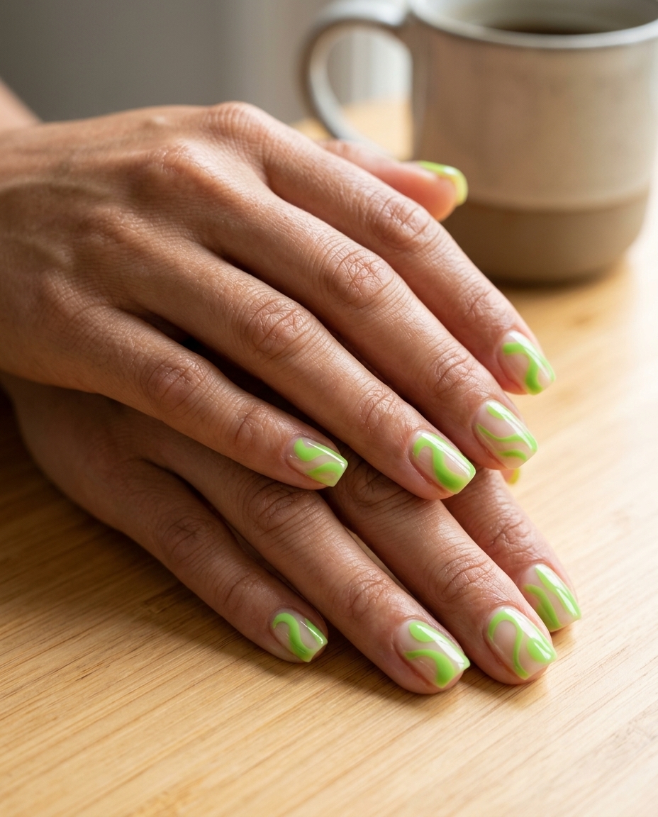Fun summer nails 2026: Lime green abstract swirls on a sheer base for casual outings.