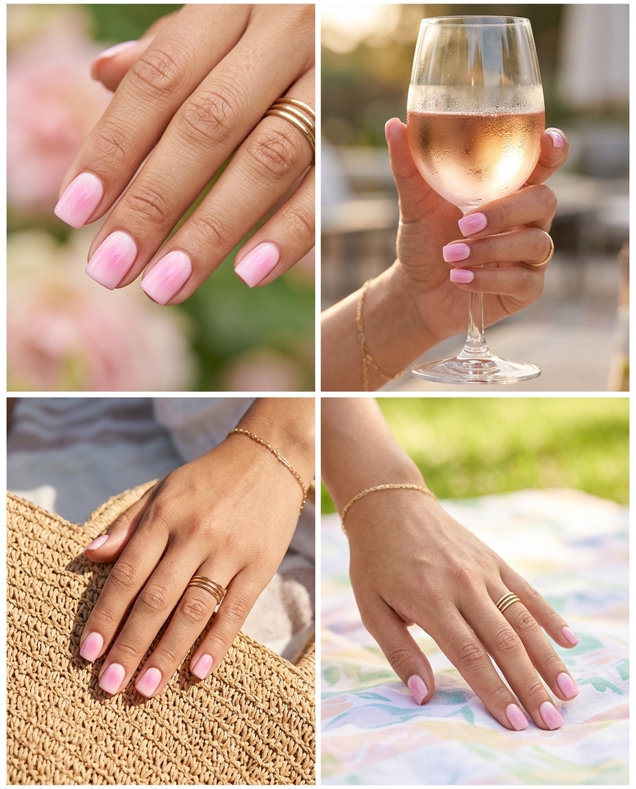 Fun summer nails 2026: Medium oval nails with soft peach aura and white polka dots.