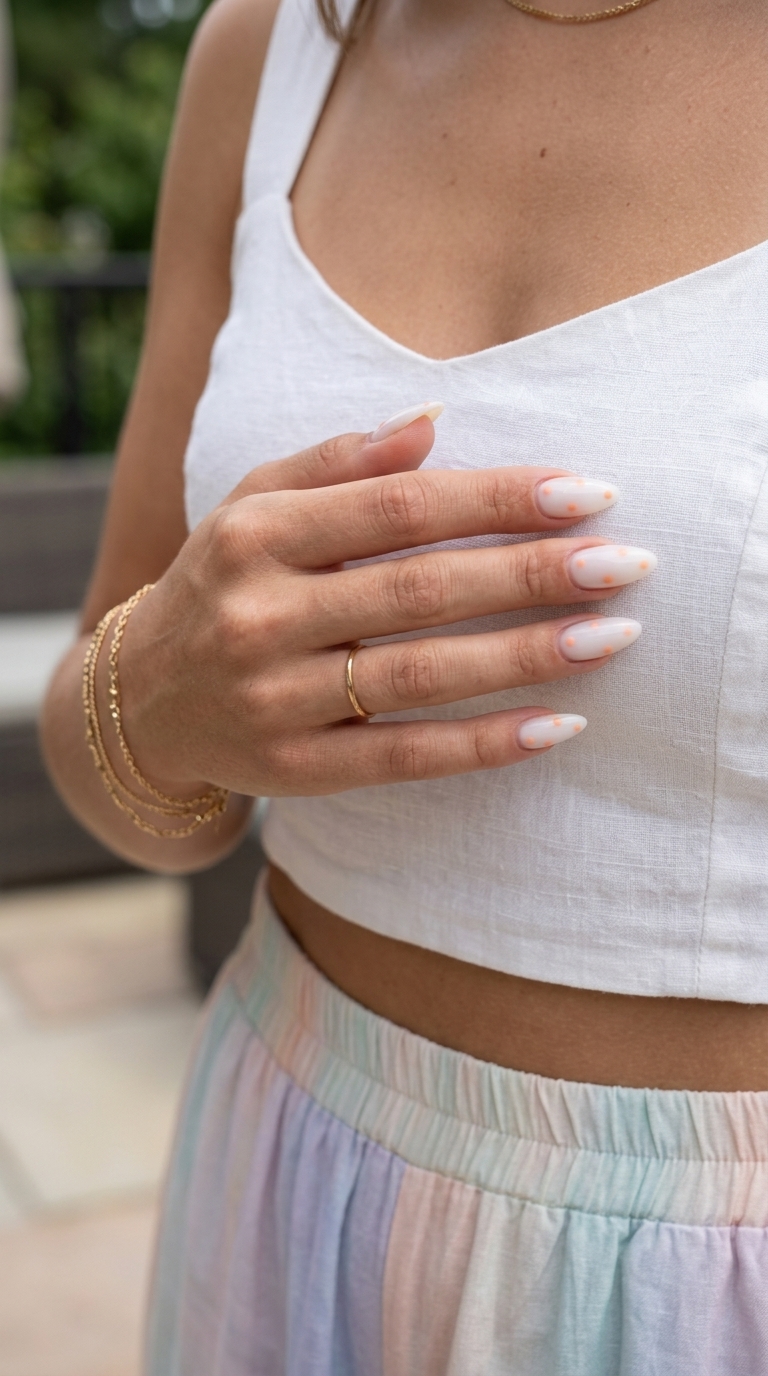 Fun summer nails 2026: Short square nails with sheer milky white base and soft peach dots.