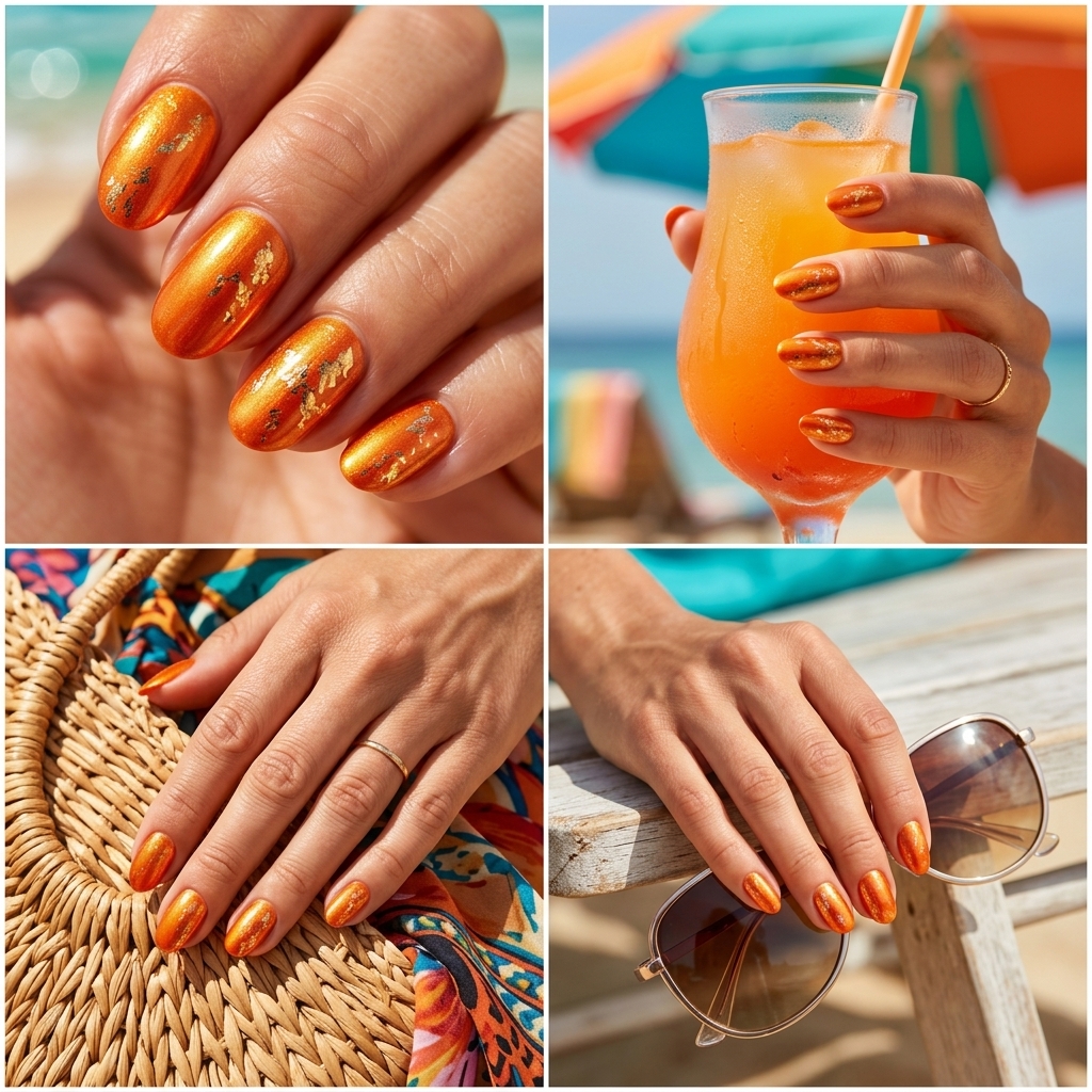 Fun summer nails 2026: Vivid tangerine short square nails with gold foil flakes and glossy finish.