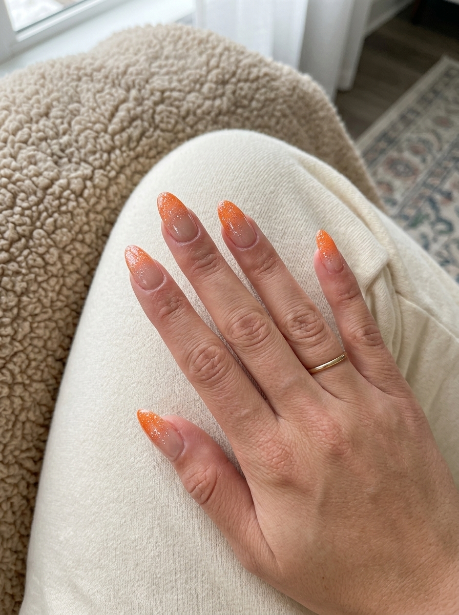 Fun summer nails 2026: Tangerine glitter fade ombre for parties and festivals.