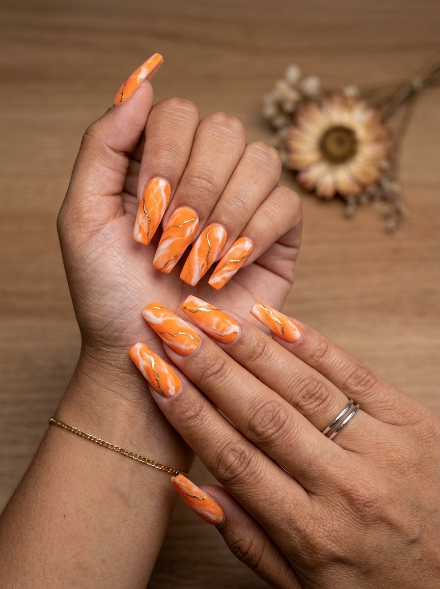 Fun summer nails 2026: Vivid tangerine and white marble with metallic gold veins for date night.