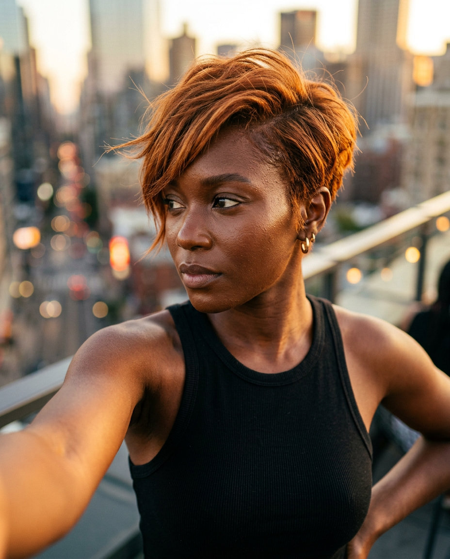 Edgy Auburn Textured Crop 2026 short auburn crop haircut with sun-kissed ginger and copper babylights, asymmetrical fringe and undercut for summer