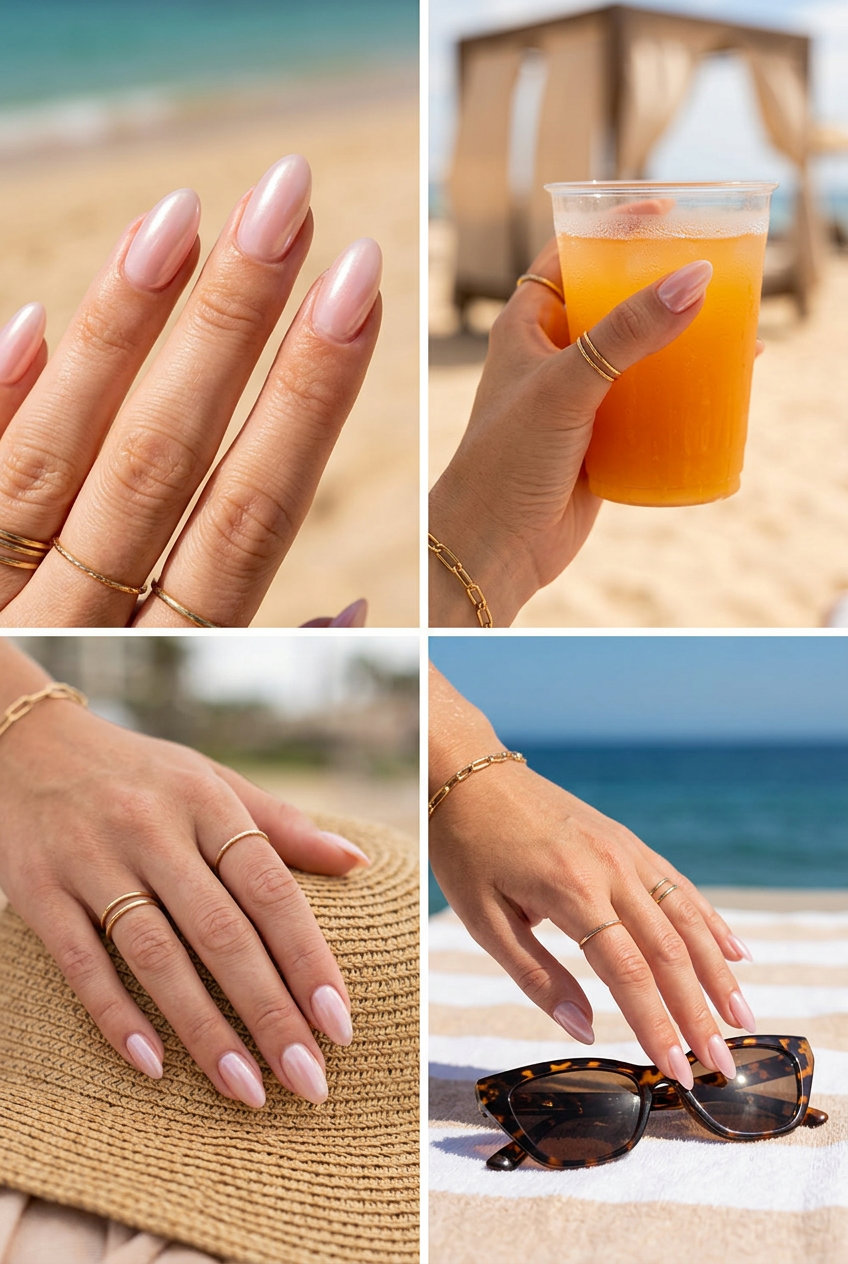 Glazed Pink Almond summer dip nails 2026: sheer pink with pearl chrome dust overlay on medium almond nails.