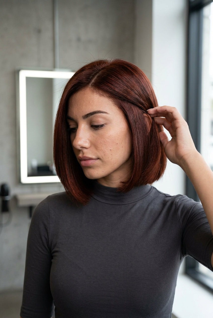 chin-length Italian bob with glossy auburn color, blunt perimeter for elegant style