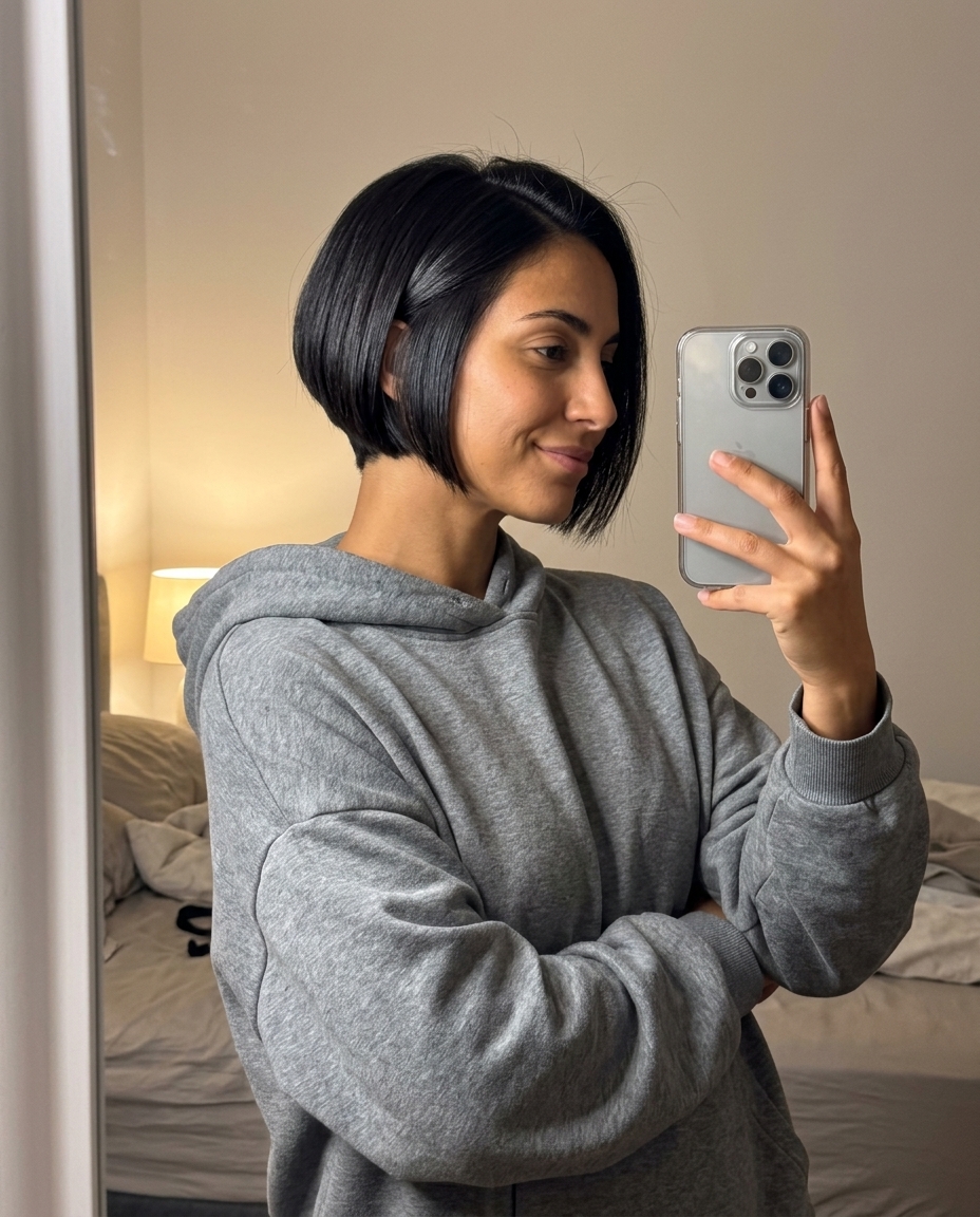 short french bob haircut in glossy black-brown with a tapered nape for edgy minimalist style