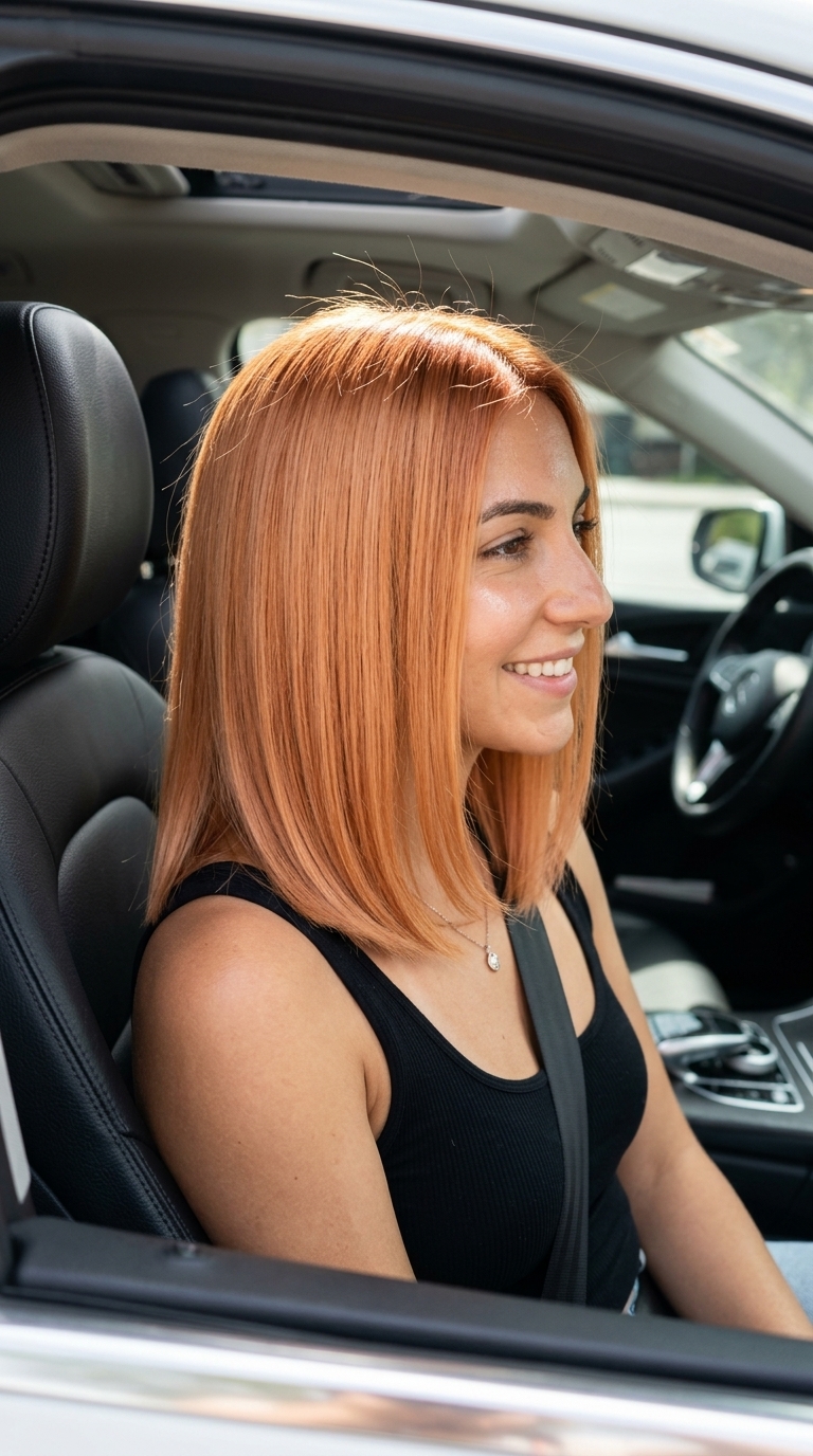 medium golden apricot lob with peach undertones and blunt cut for glamorous sleekness