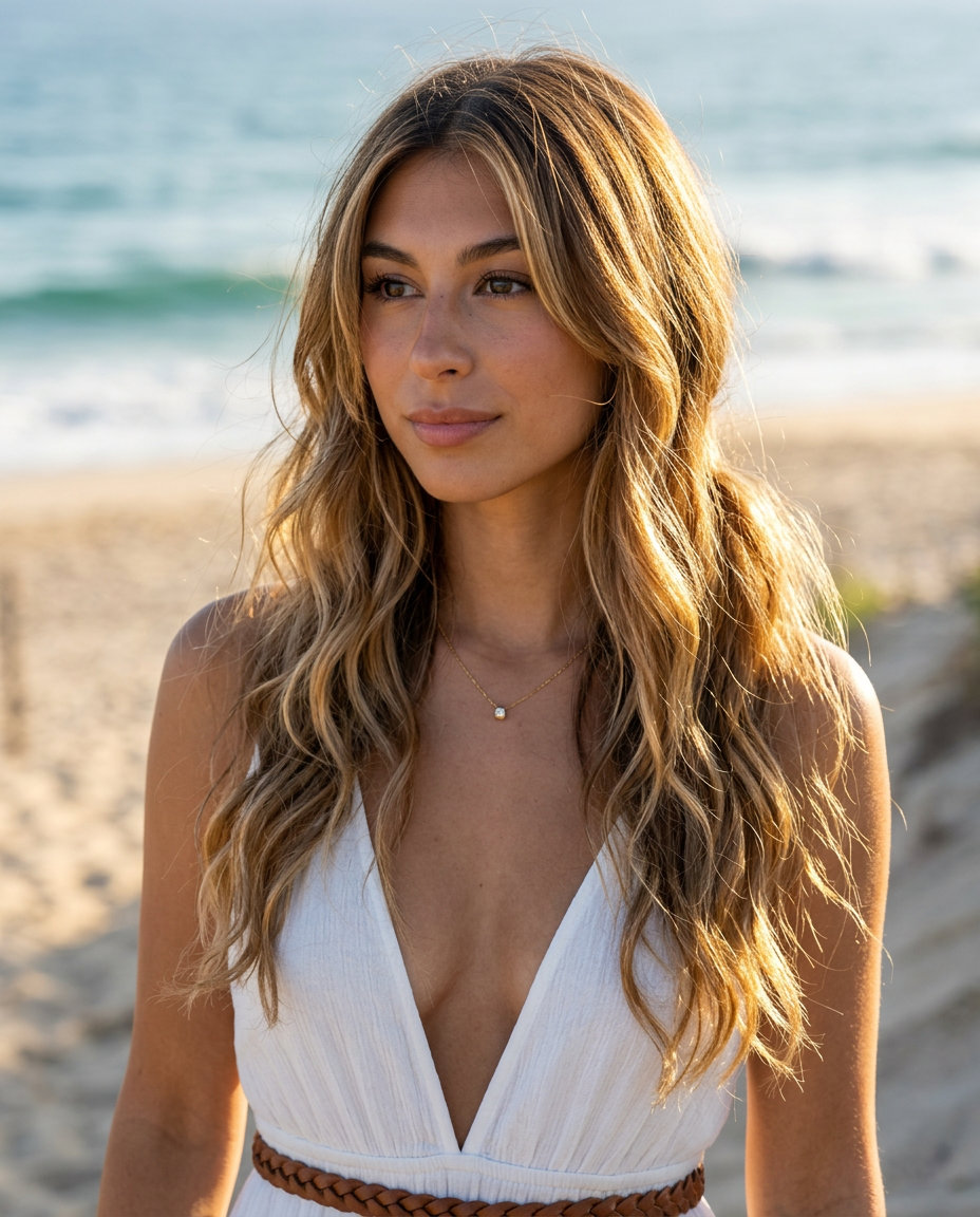 long balayage golden blonde haircut with honey ribbons and soft layers for summer