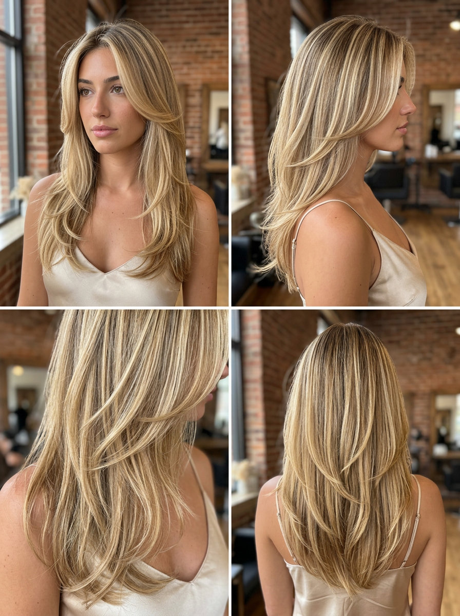 long soft layered golden blonde haircut with creamy babylights and vanilla root smudge for summer wedding guest