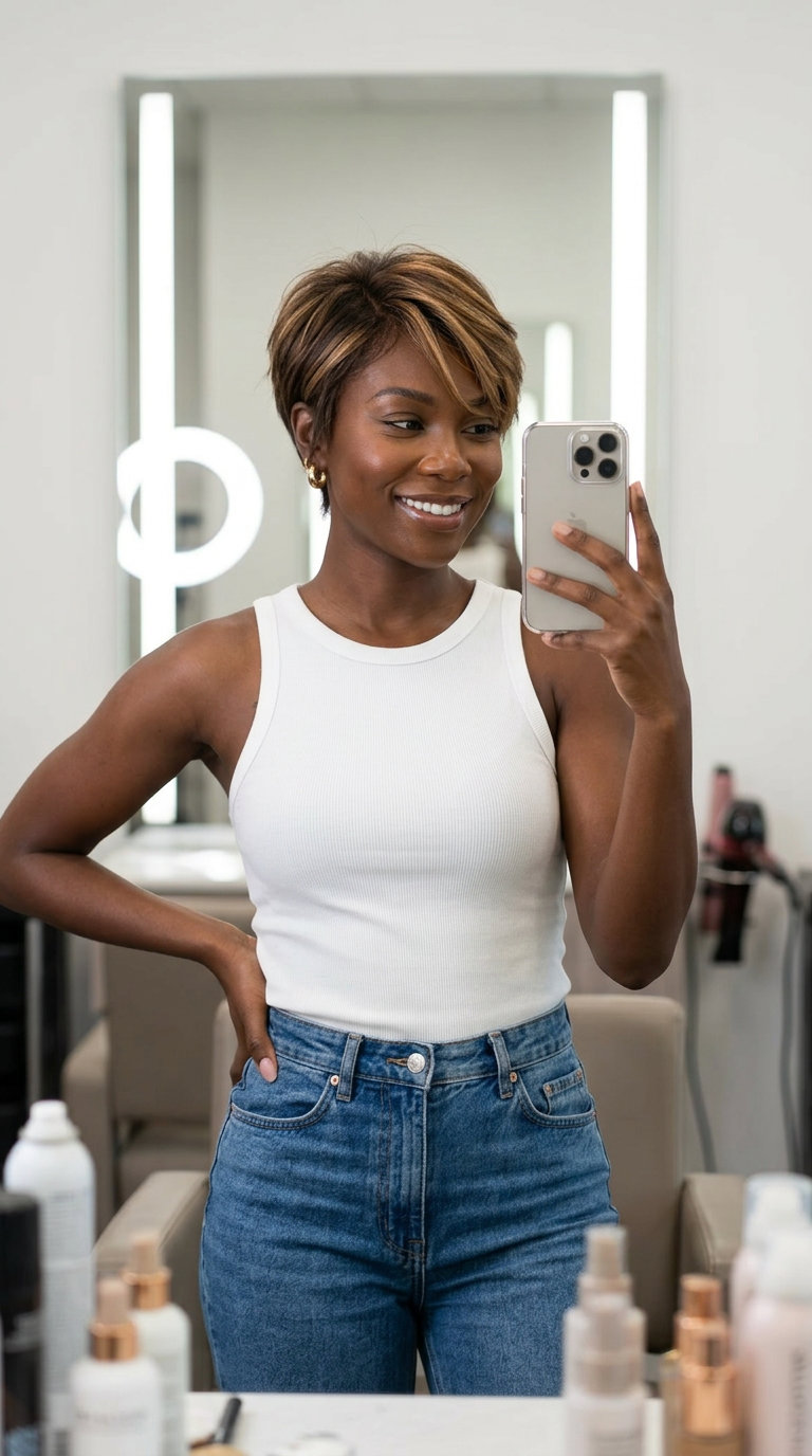 short pixie haircut with golden blonde balayage and wispy face-framing pieces for summer