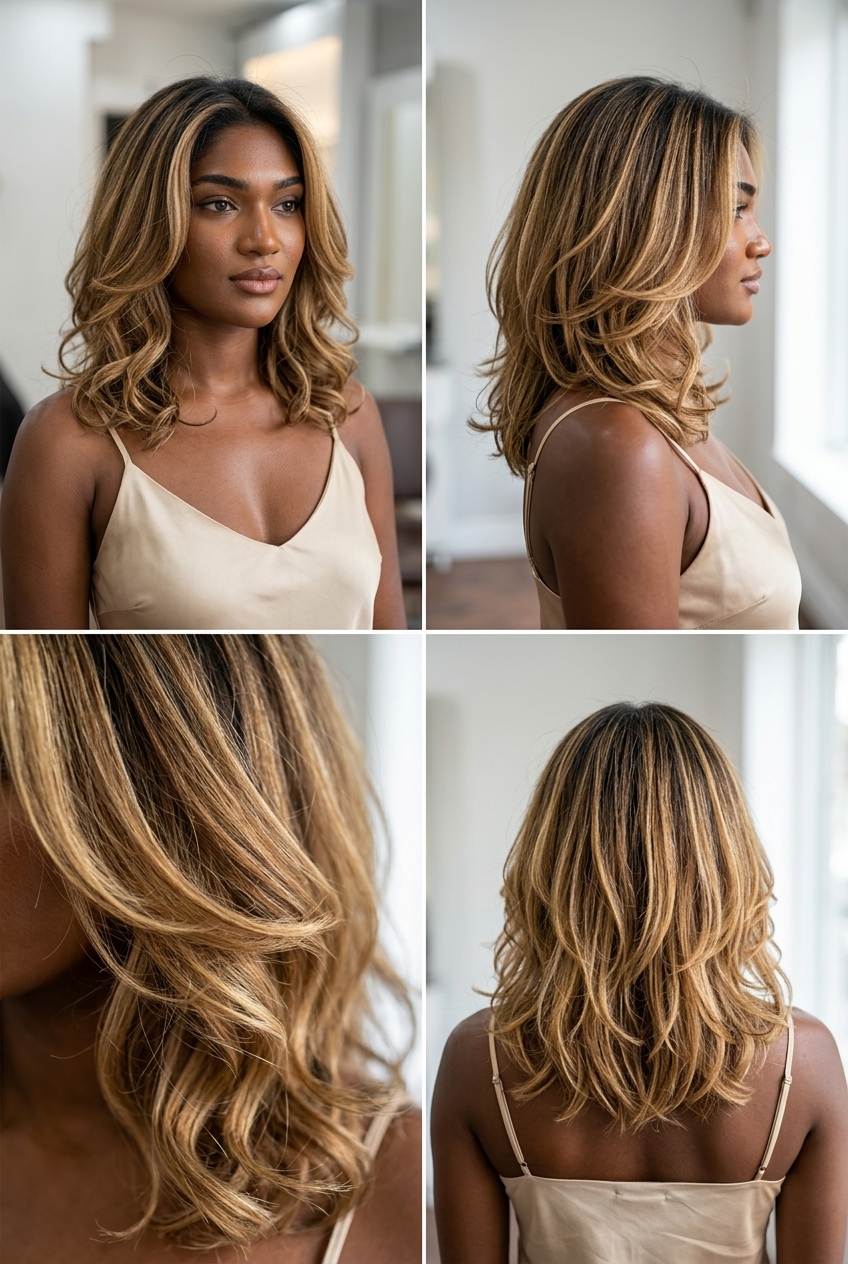 shoulder-length curly lob with warm golden blonde highlights, money piece, and natural dark root for summer