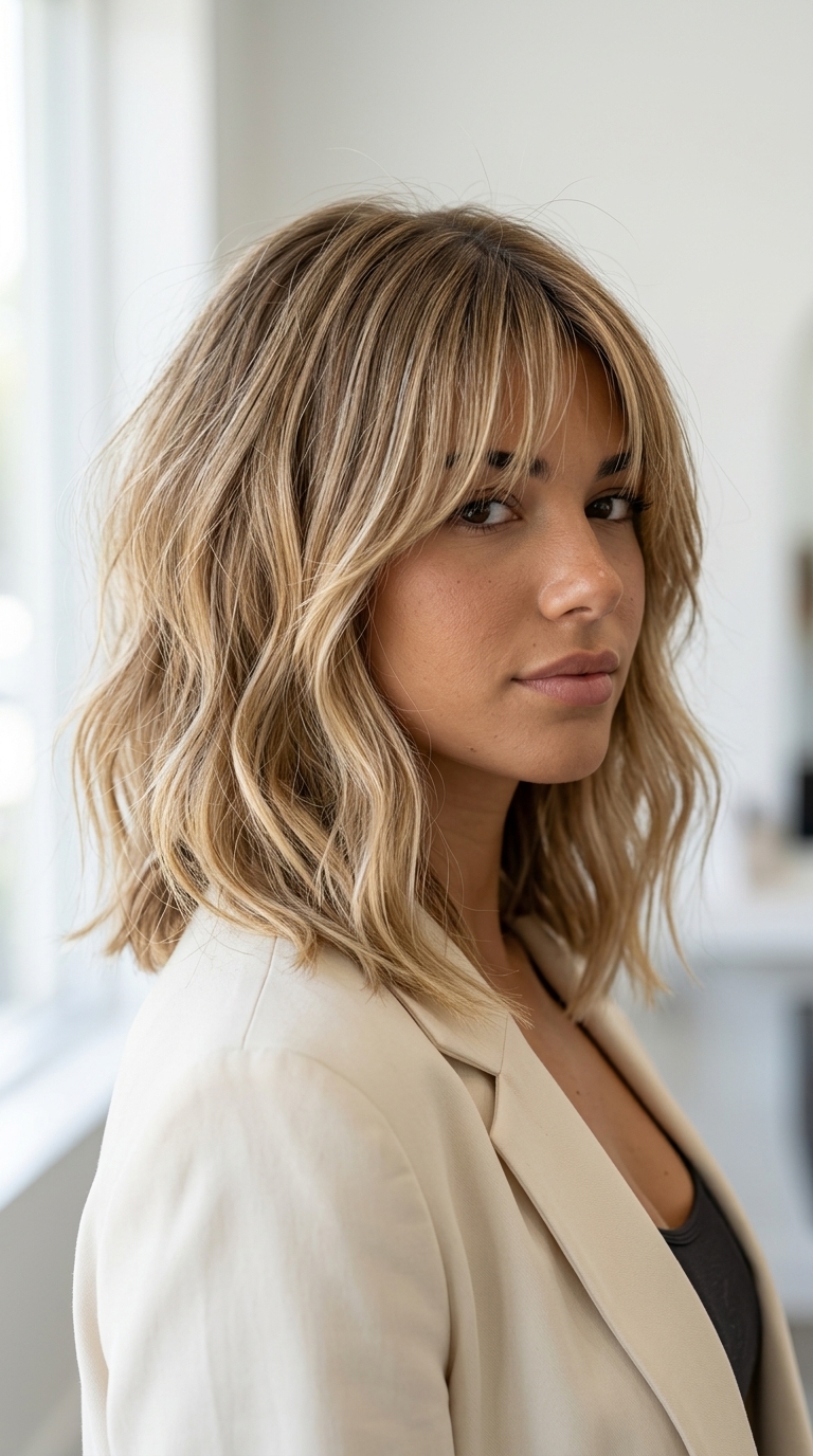 Parisienne Tousle Lob with French Bangs shoulder-length golden blonde lob with french bangs and cream babylights for summer