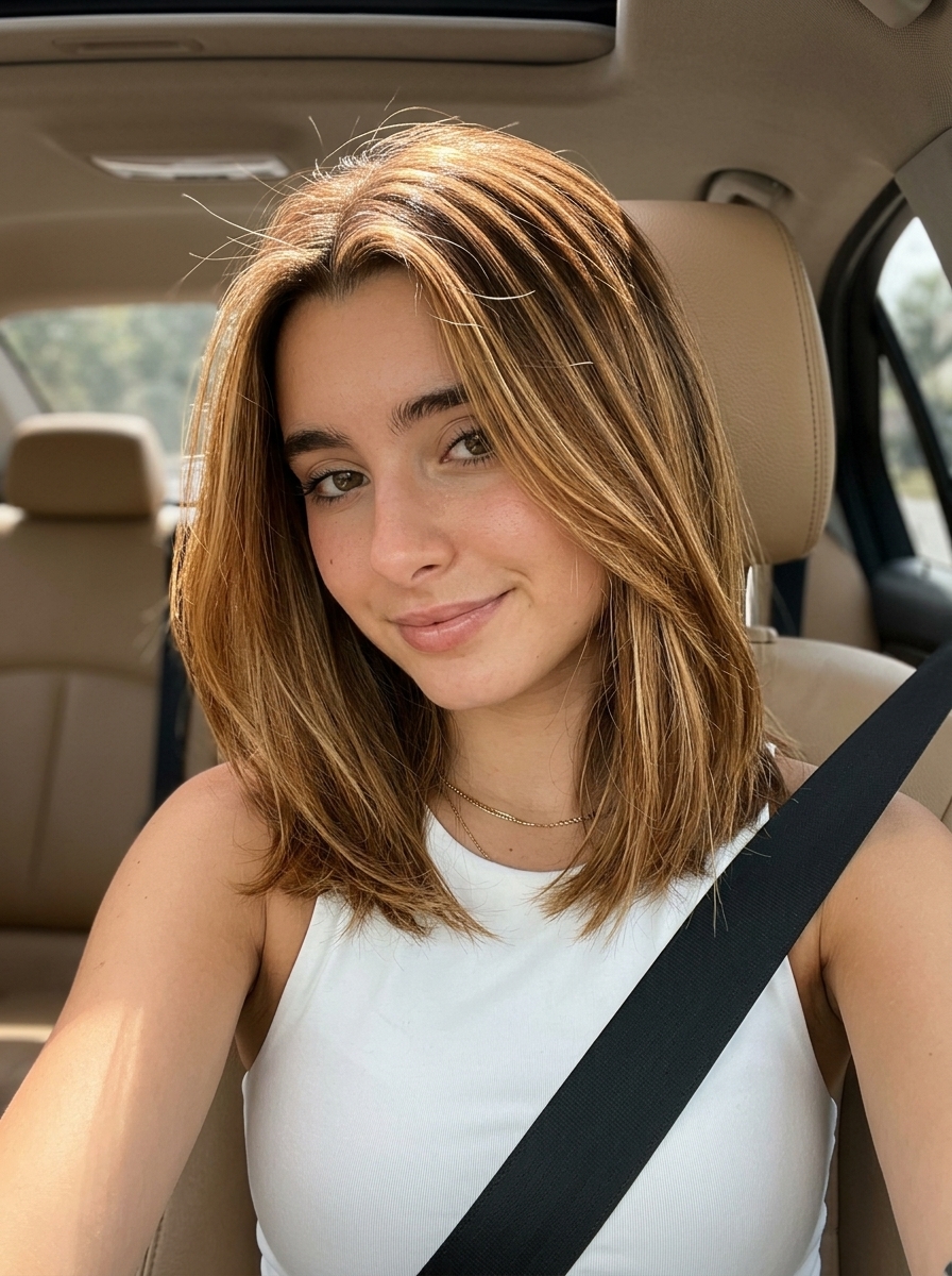 Golden Brown Balayage 2026: Natural Summer Hair long layered golden brown balayage with caramel highlights, hand-painted technique for summer 2026