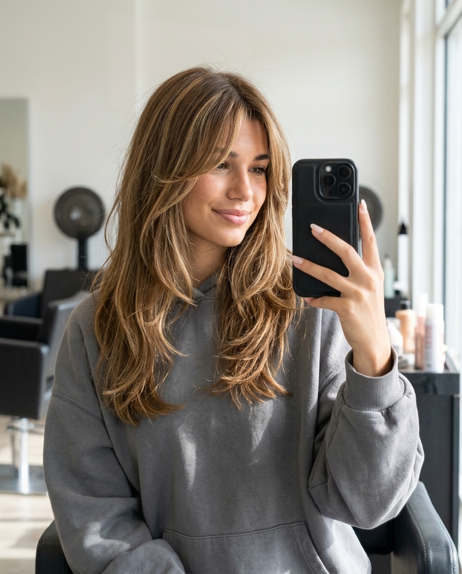 long choppy shag haircut with warm golden brown babylights and wispy curtain bangs for summer