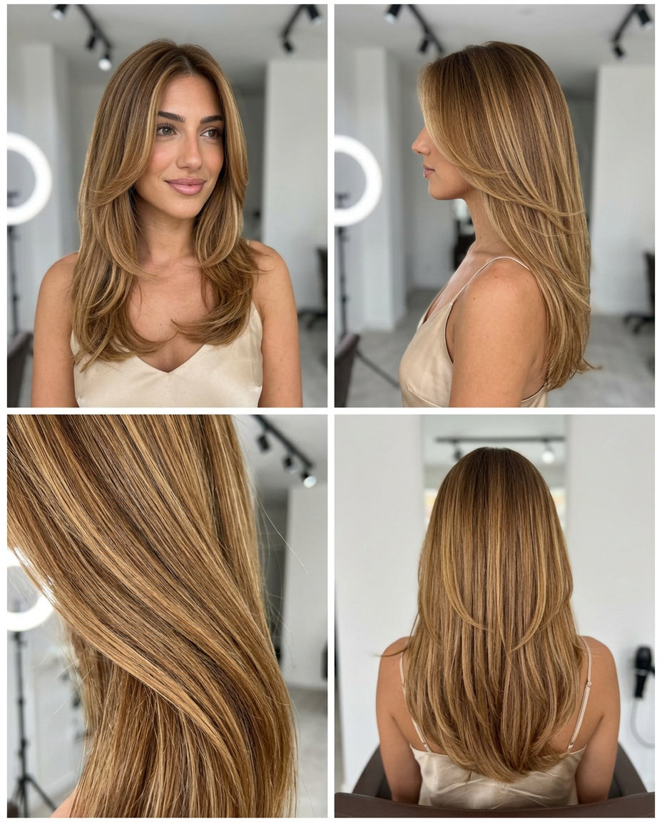 extra-long balayage with golden caramel, AirTouch technique, waterfall layers — romantic ethereal cascade