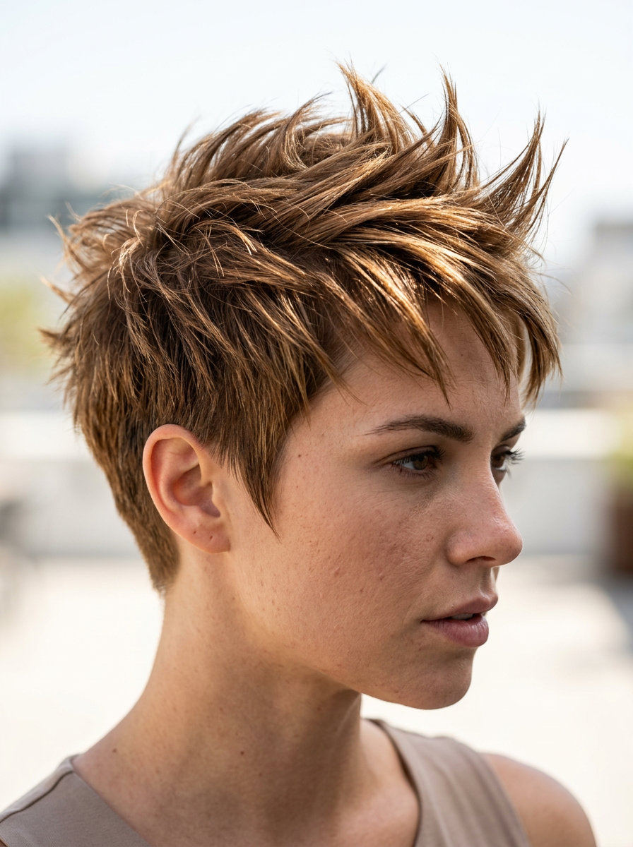 very short spiky crop with bright golden caramel, razored texture, no bangs — edgy festival look