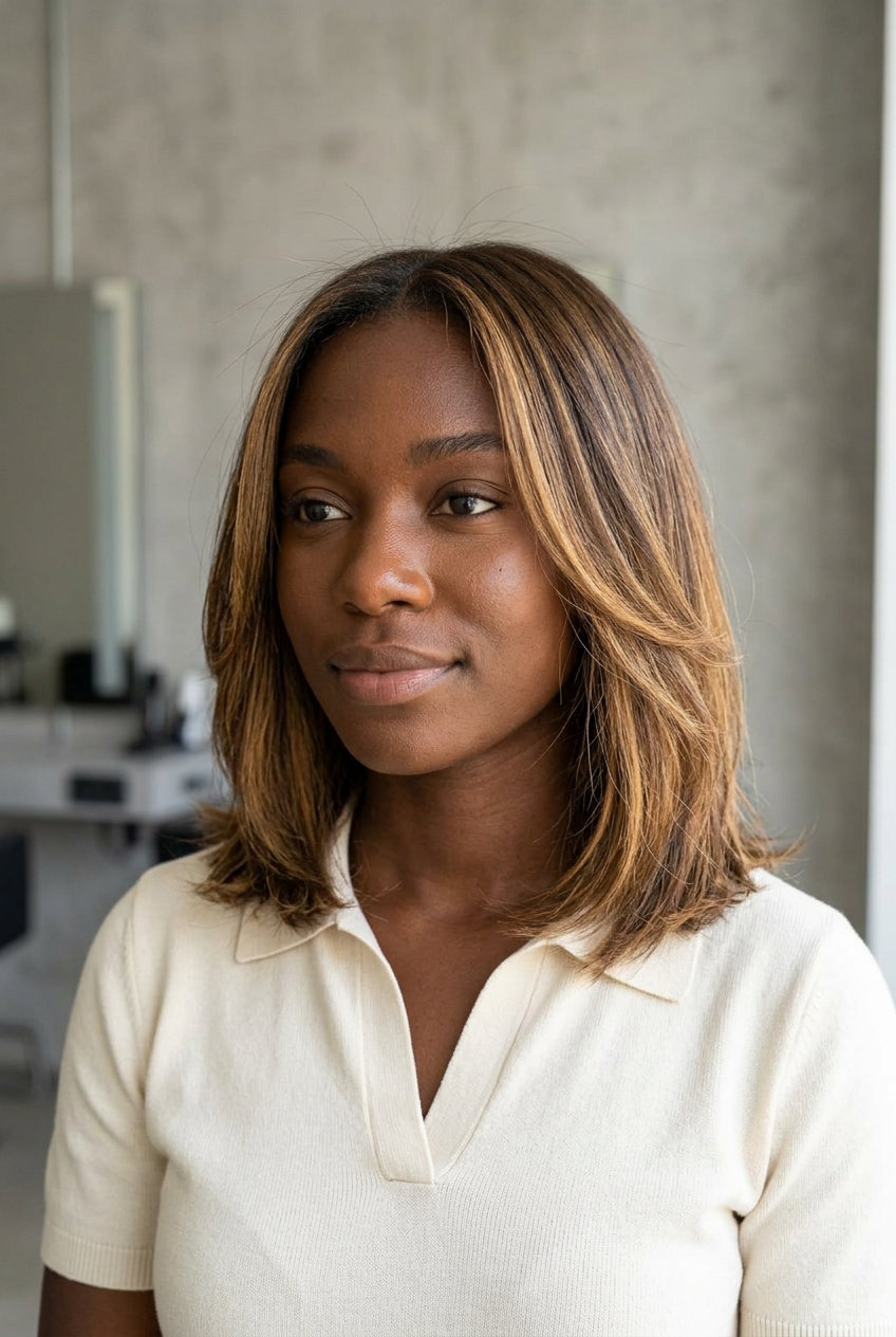 shoulder-length lob with golden caramel balayage, internal layering, curtain bangs — effortless & boho