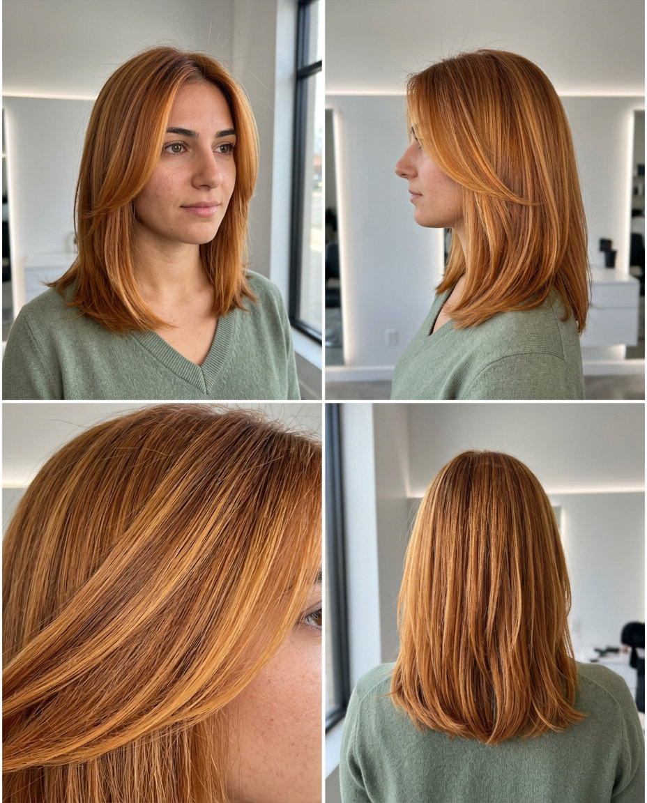 golden copper hair color with brighter golden-orange balayage, sun-kissed effect for summer 2026