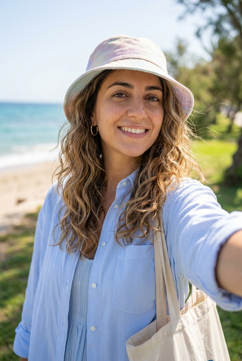 long natural beachy waves with golden highlights, voluminous texture, and apricot crush bucket hat