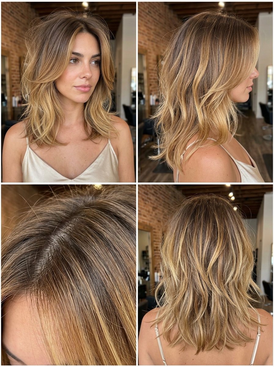 shoulder-length golden ombré wolf cut with caramel tones, soft layers, curtain bangs — beachy effortless style