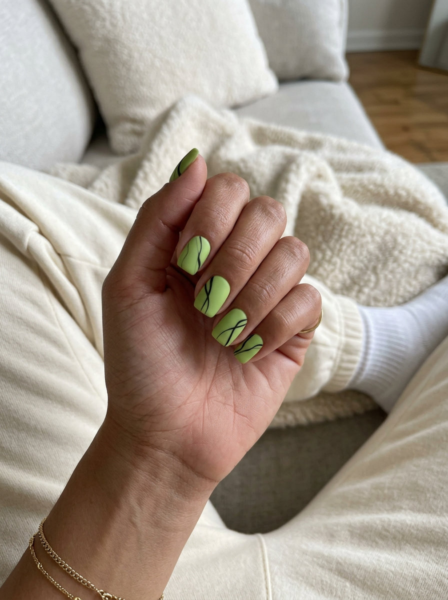 Graphic Lime Lines summer dip nails 2026: matte lime green with abstract matte black lines on short square nails.