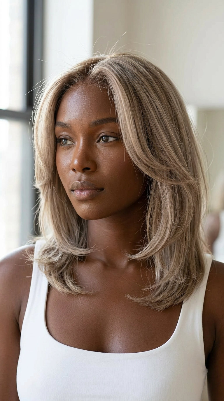 mid-length butterfly haircut with linen greige blonde, ash and beige tones, ghost layers, tousled texture — chic relaxed vibe