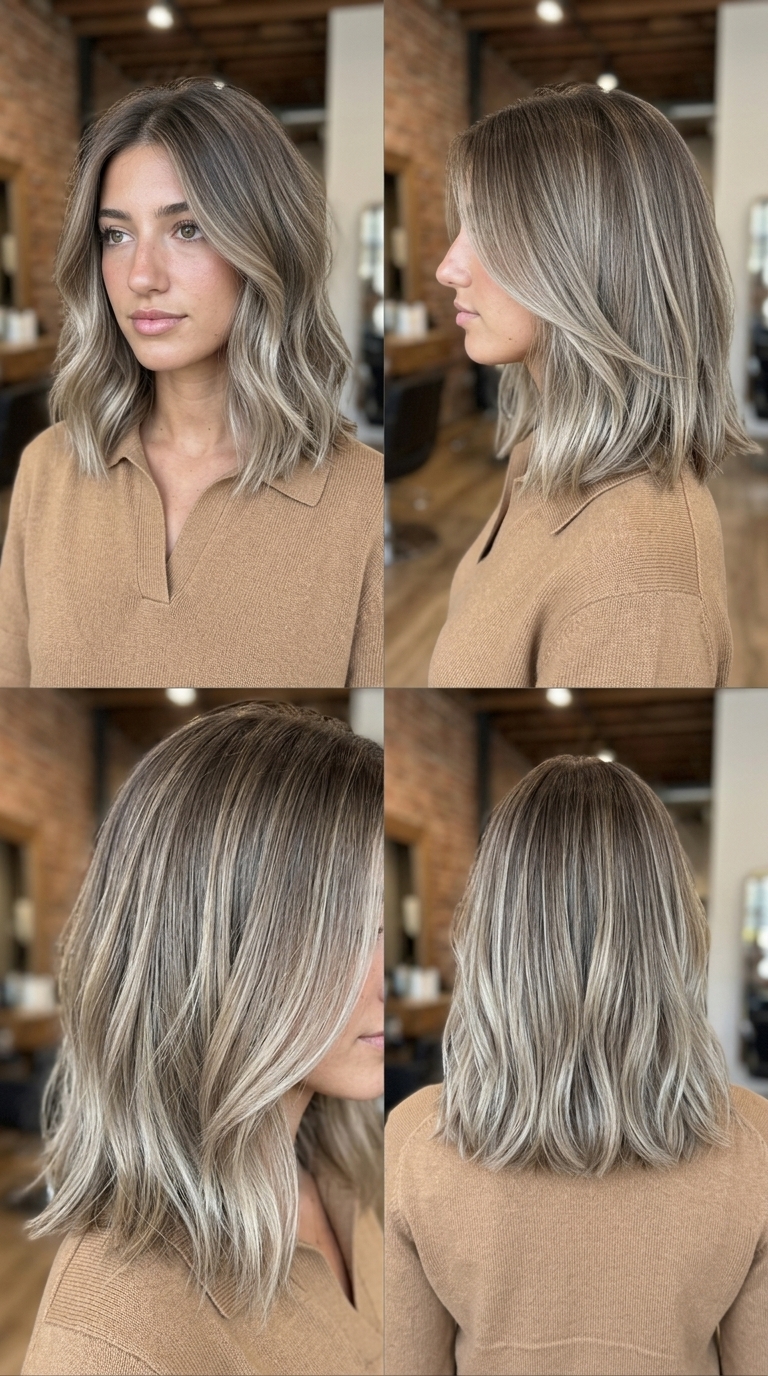 shoulder-length mushroom blonde lob with cool greige balayage and ash brown root for sophisticated brunch