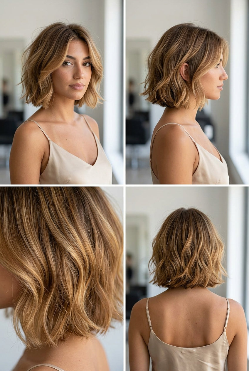 short bob haircut in honey blonde balayage with warm golden tones, soft diffused layers, no bangs — soft, warm