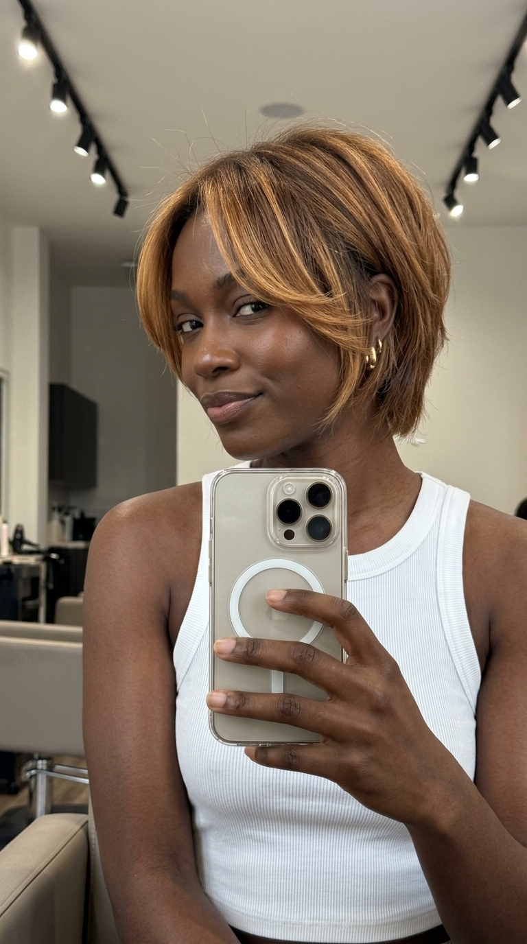 short shag haircut with honey balayage & golden caramel face-frame for summer