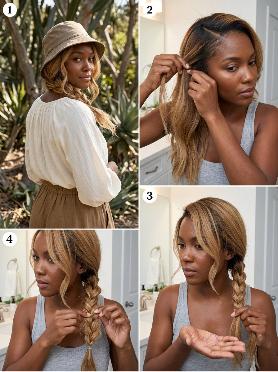 long beachy waves with warm honey blonde babylights, loose side braid — bohemian casual weekend