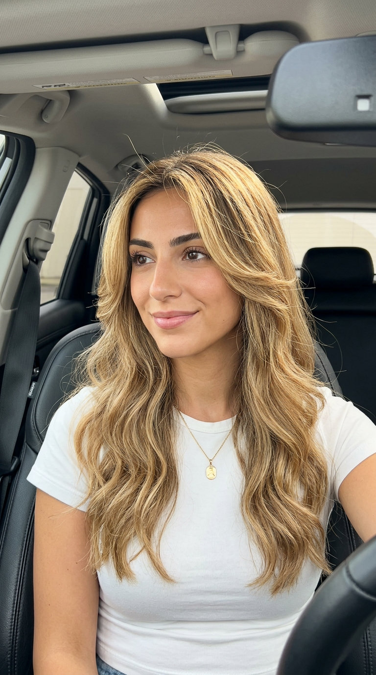 long butterfly haircut with honey blonde and golden babylights, face-framing layers, point-cut ends — radiant beach vacation style