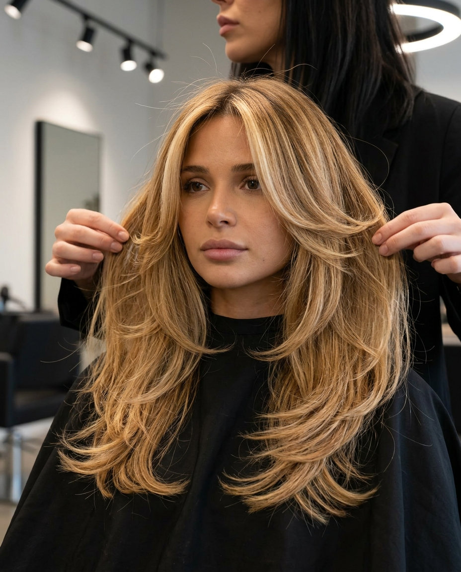 long butterfly cut with honey blonde balayage and face-framing layers for summer