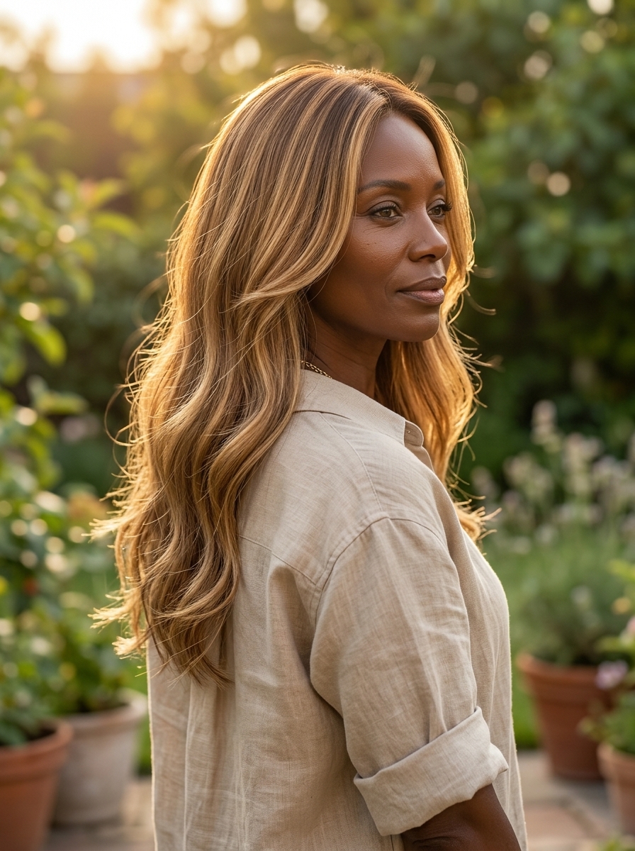 long flowing haircut warm honey blonde with golden babylights, face-framing layers — soft, effortless