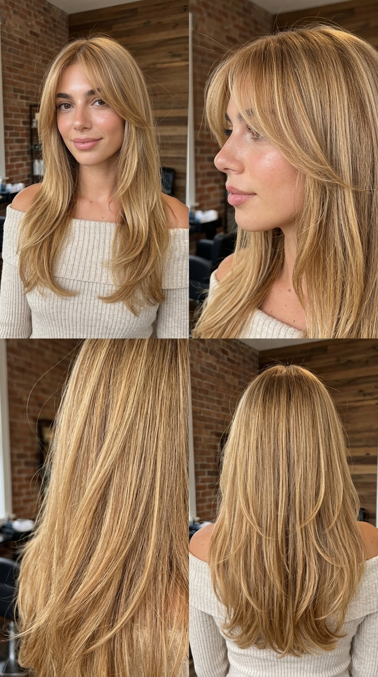 Breezy Boho Honey Blonde Layers with Bangs 2026 long layered haircut with honey blonde, seamless layers, airy bangs for beach