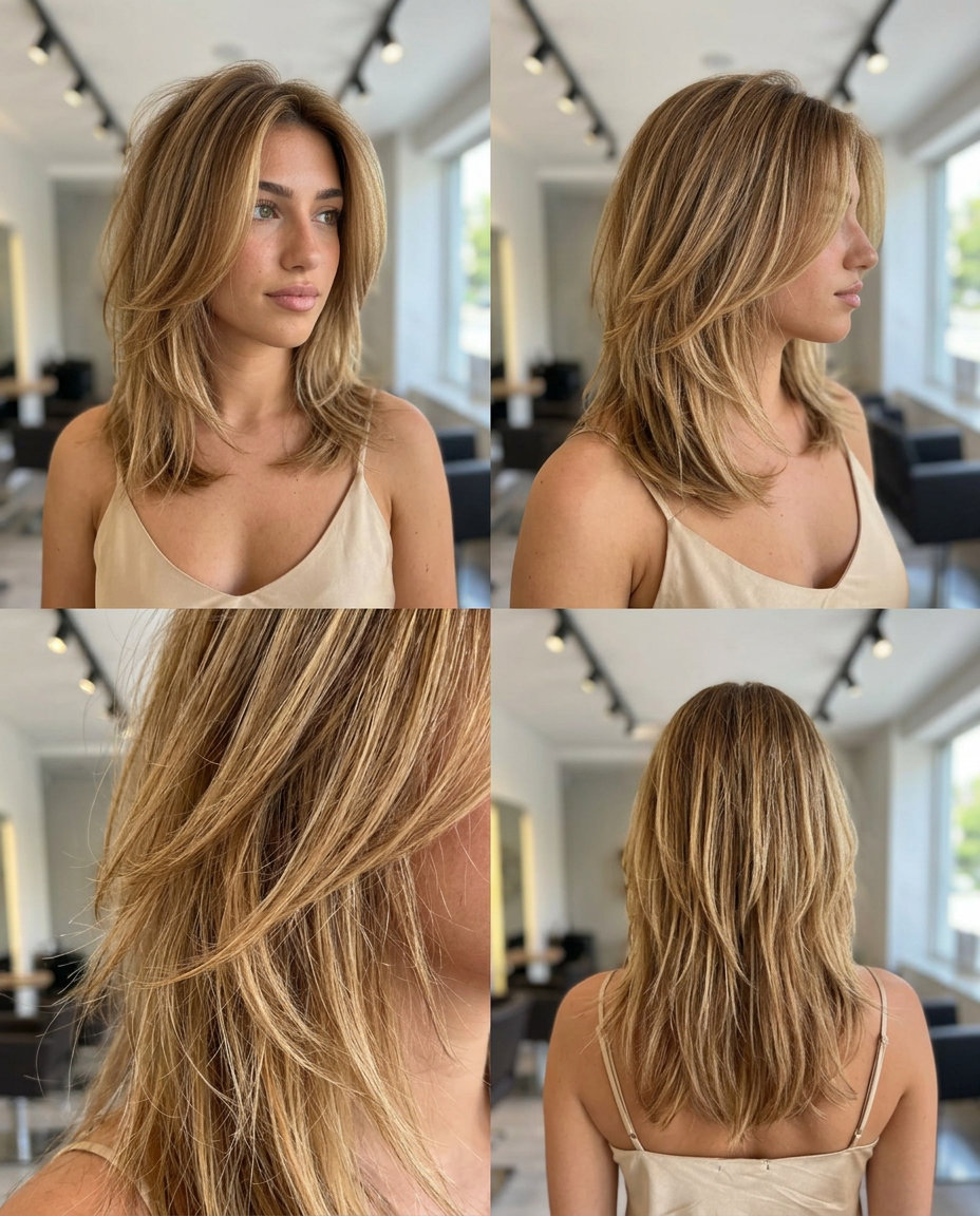 medium honey blonde wolf cut with caramel lowlights and razored layers for beachy look