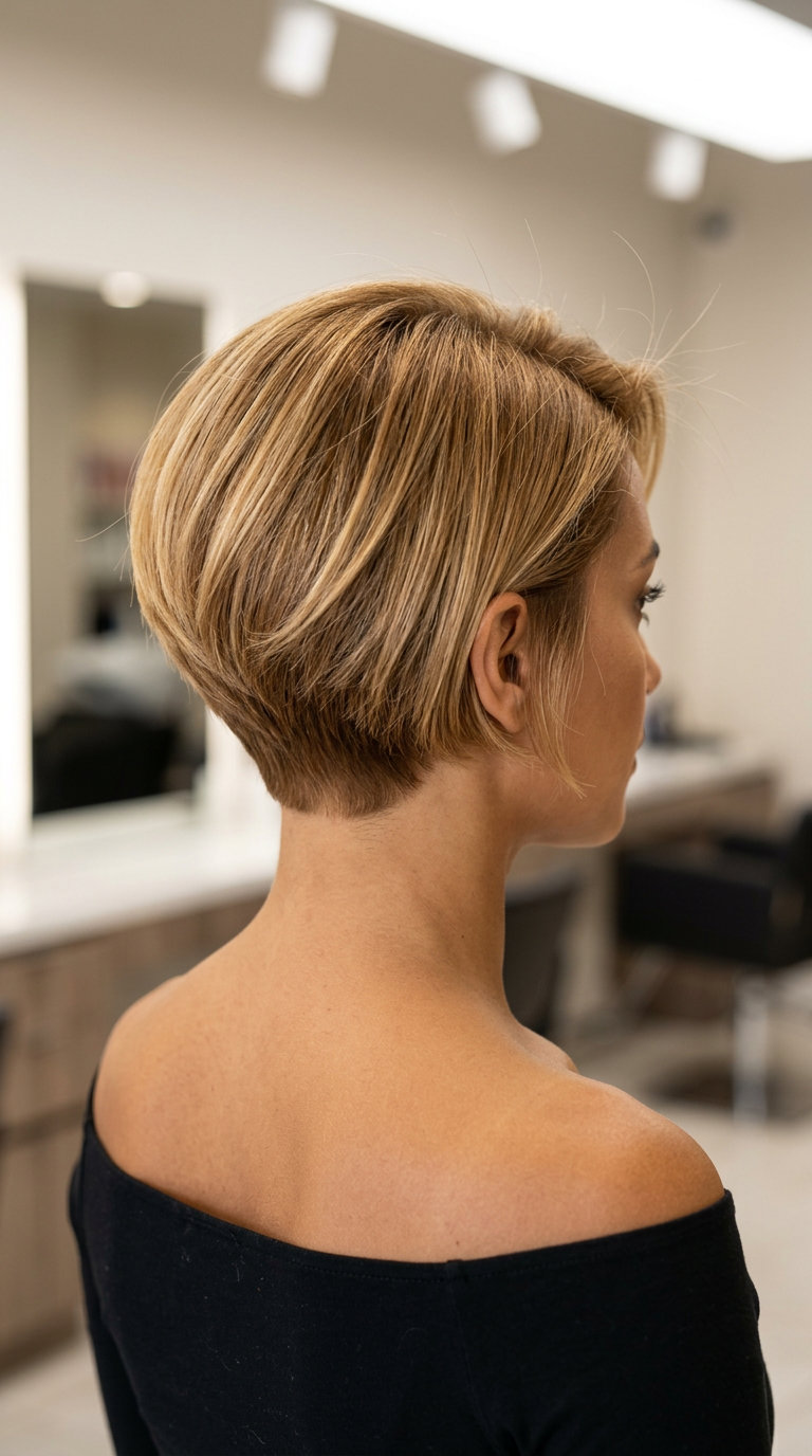 Honey Blonde Bixie Haircut 2026 short bixie haircut in warm honey blonde with golden babylights, tapered nape for professional events