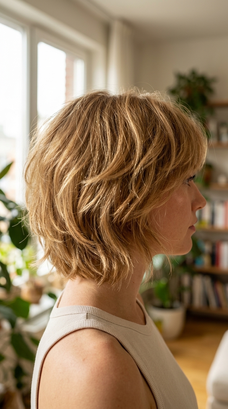 short Bixie cut with honey blonde balayage, face-framing layers, tapered back — soft textured look