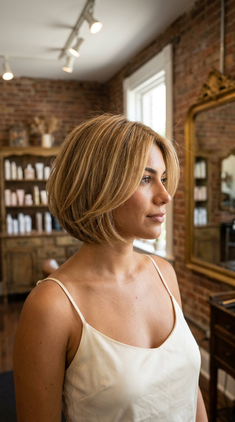 short french bob haircut with warm honey blonde, golden babylights, caramel lowlights, point-cut ends — effortless beachy vibe