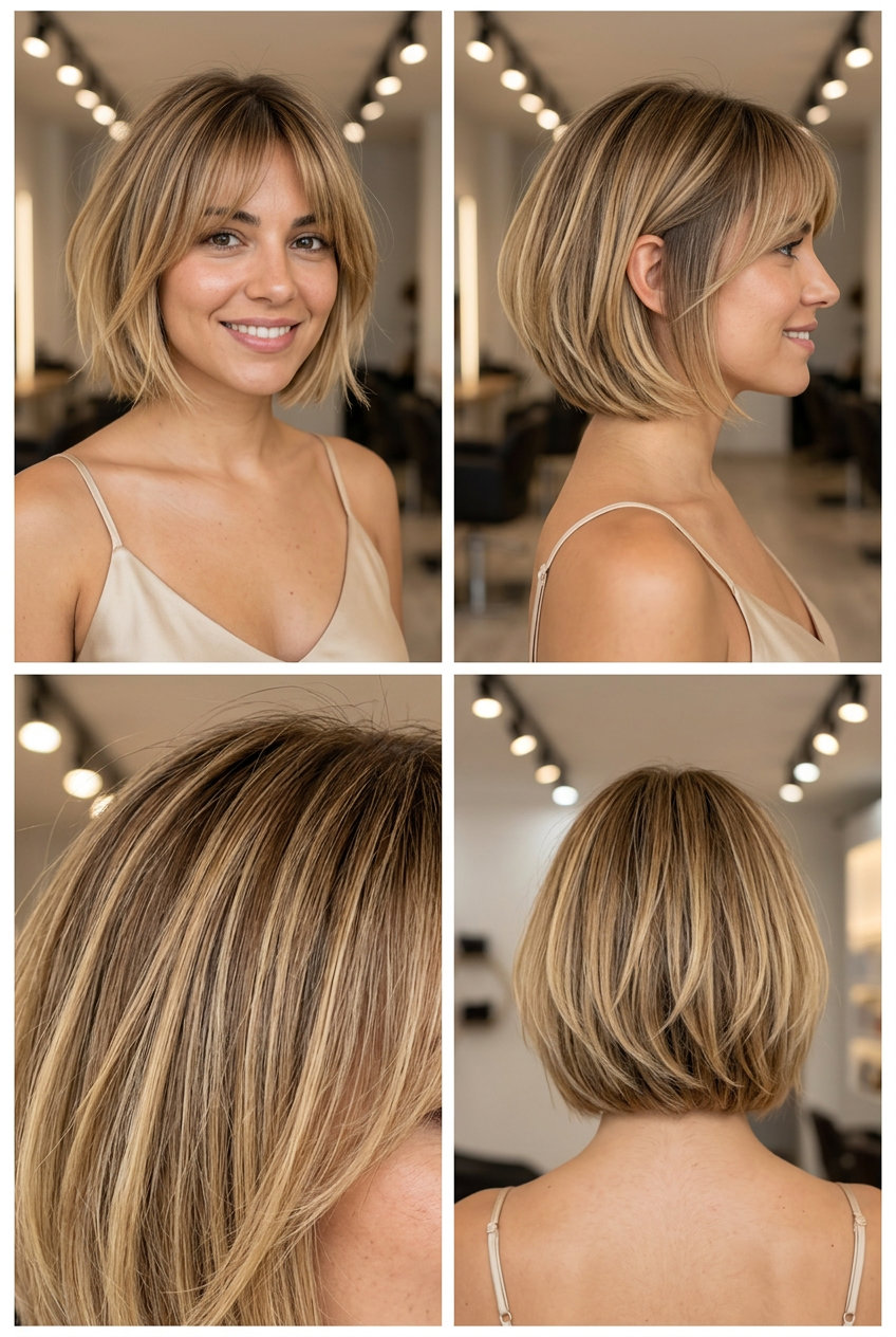 short french bob haircut in warm honey blonde with babylights and wispy curtain fringe for summer