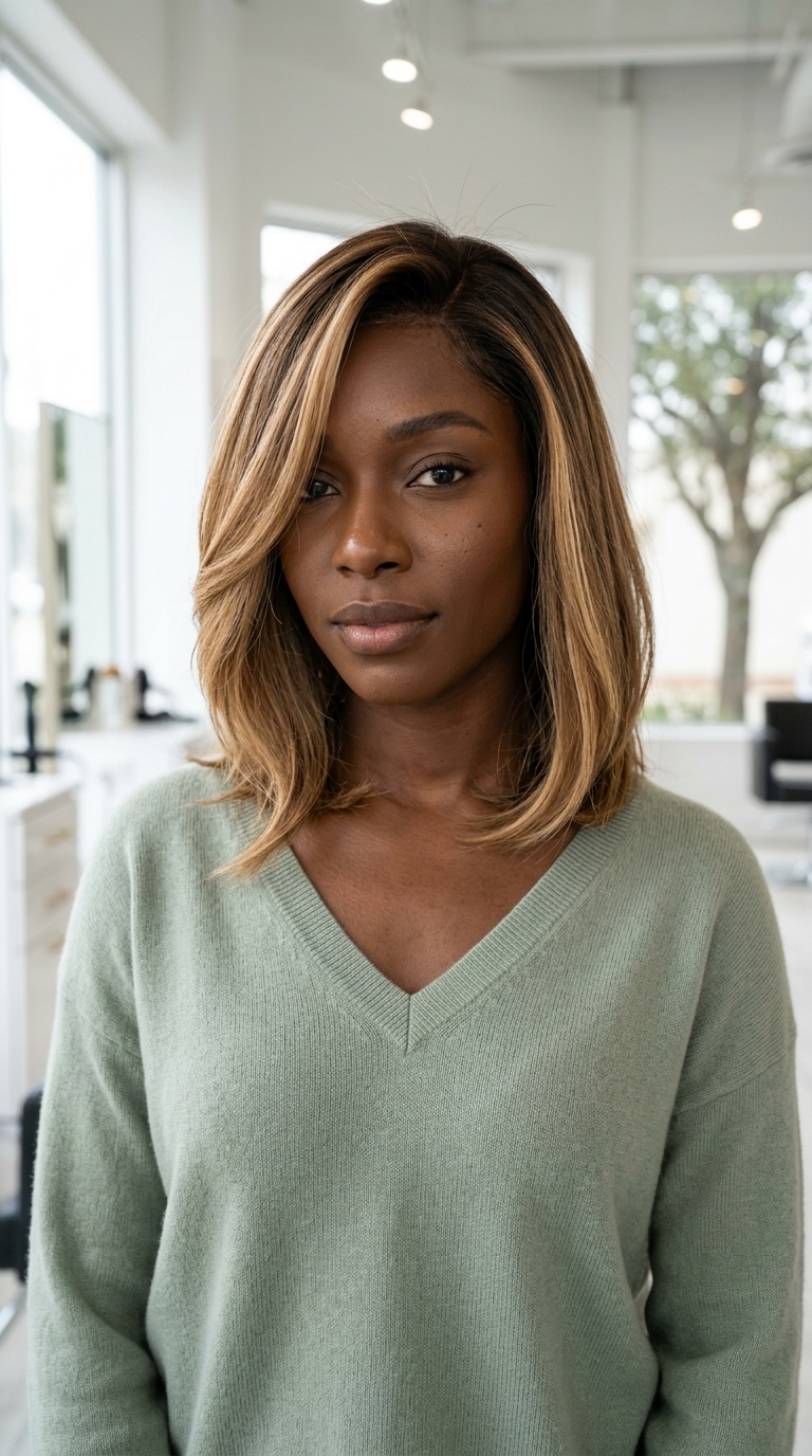 shoulder-length bob with warm honey blonde balayage, soft internal layers and deep side part for summer
