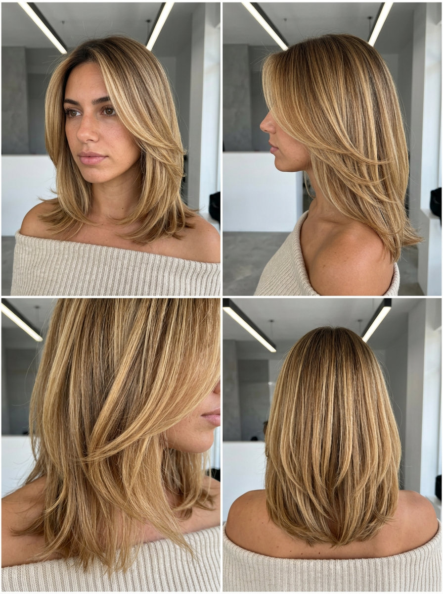 shoulder-length butterfly lob with warm honey blonde balayage, natural root, soft layers — effortless natural style