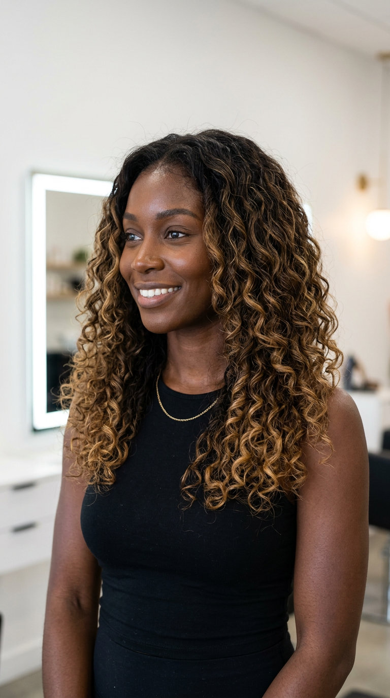 long layered haircut with honey caramel balayage, Pintura technique, face-framing curls — natural, effortless